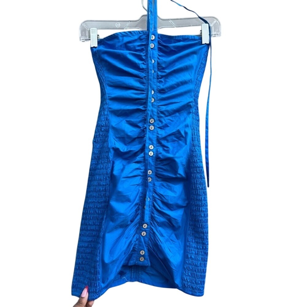 Free People Bali Babe Strapless Ruched Button Front NWT Mini Dress Blue XS